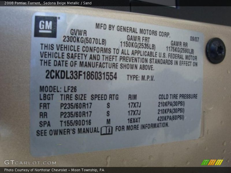 Sedona Beige Metallic / Sand 2008 Pontiac Torrent