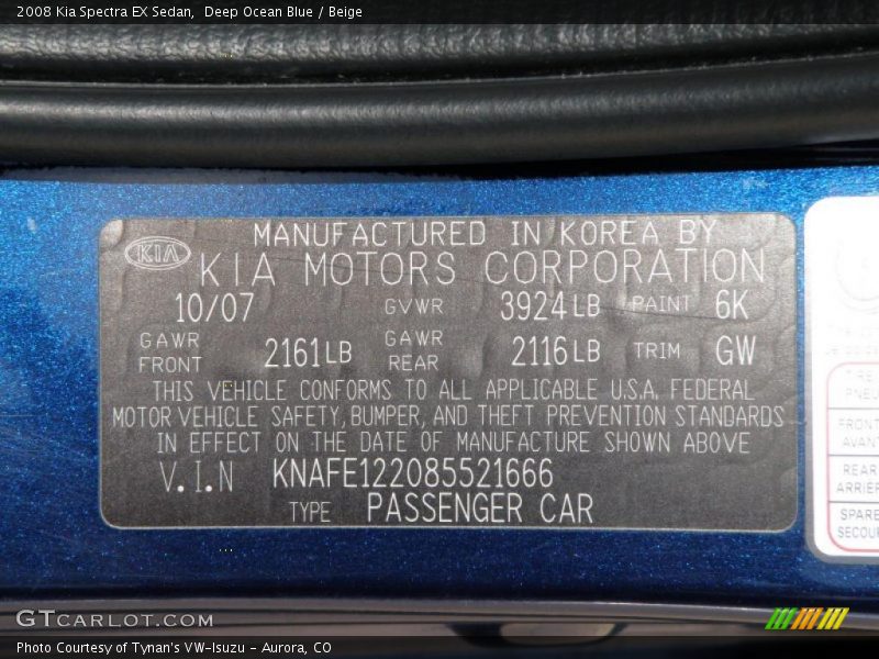 Deep Ocean Blue / Beige 2008 Kia Spectra EX Sedan