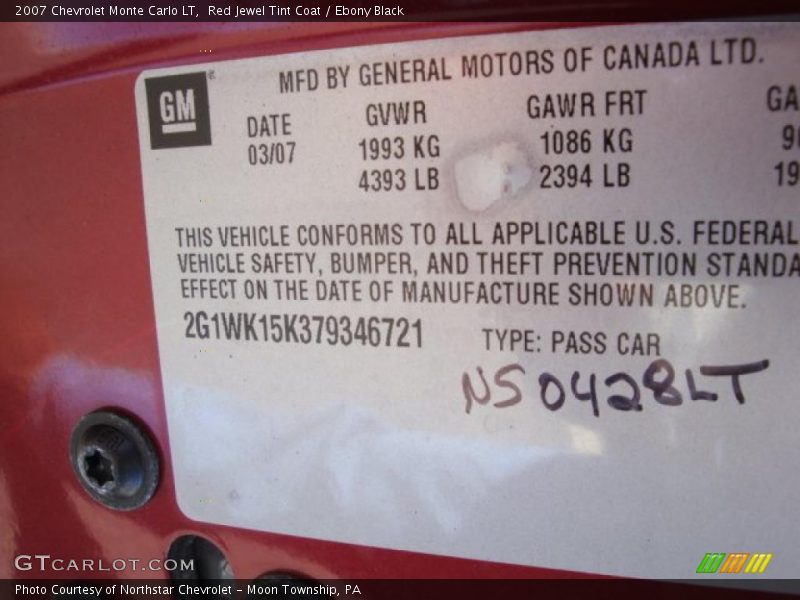 Red Jewel Tint Coat / Ebony Black 2007 Chevrolet Monte Carlo LT