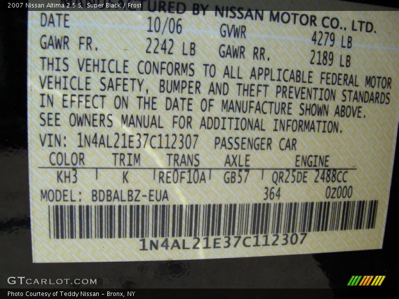 Super Black / Frost 2007 Nissan Altima 2.5 S