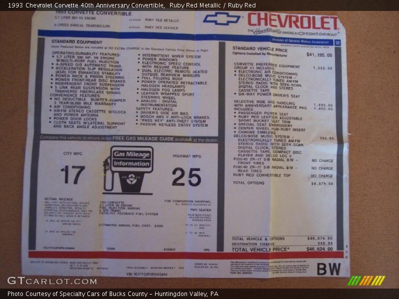 Ruby Red Metallic / Ruby Red 1993 Chevrolet Corvette 40th Anniversary Convertible