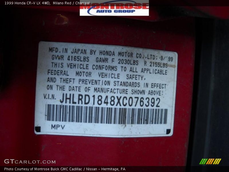 Milano Red / Charcoal 1999 Honda CR-V LX 4WD