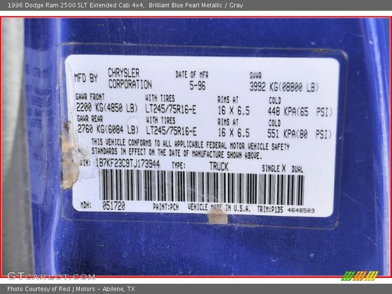 Brilliant Blue Pearl Metallic / Gray 1996 Dodge Ram 2500 SLT Extended Cab 4x4