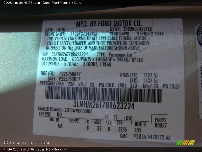 Dune Pearl Metallic / Sand 2008 Lincoln MKZ Sedan