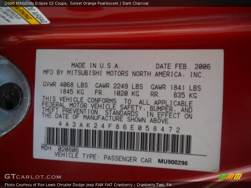Sunset Orange Pearlescent / Dark Charcoal 2006 Mitsubishi Eclipse GS Coupe