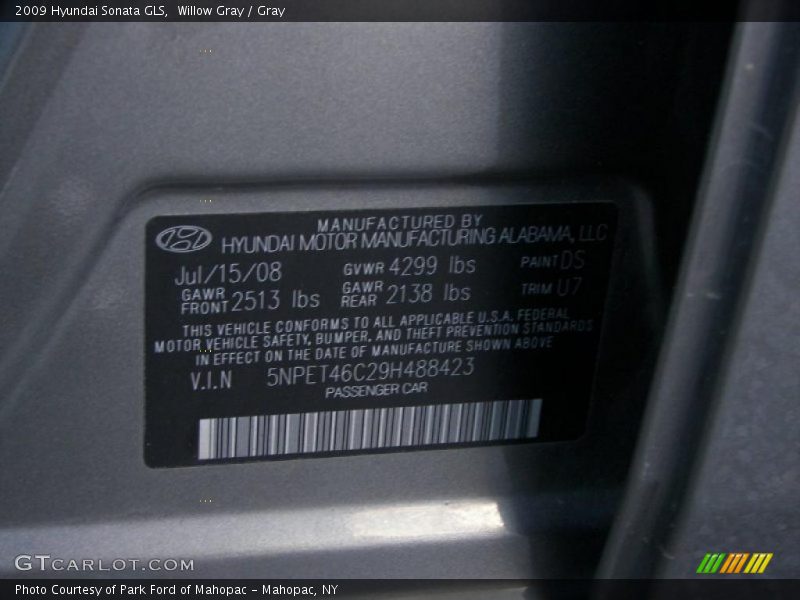 Willow Gray / Gray 2009 Hyundai Sonata GLS