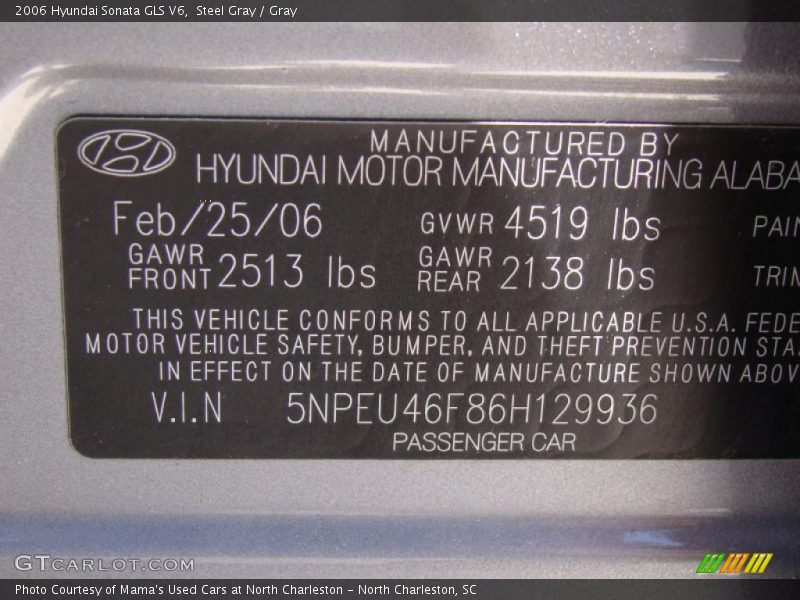 Steel Gray / Gray 2006 Hyundai Sonata GLS V6