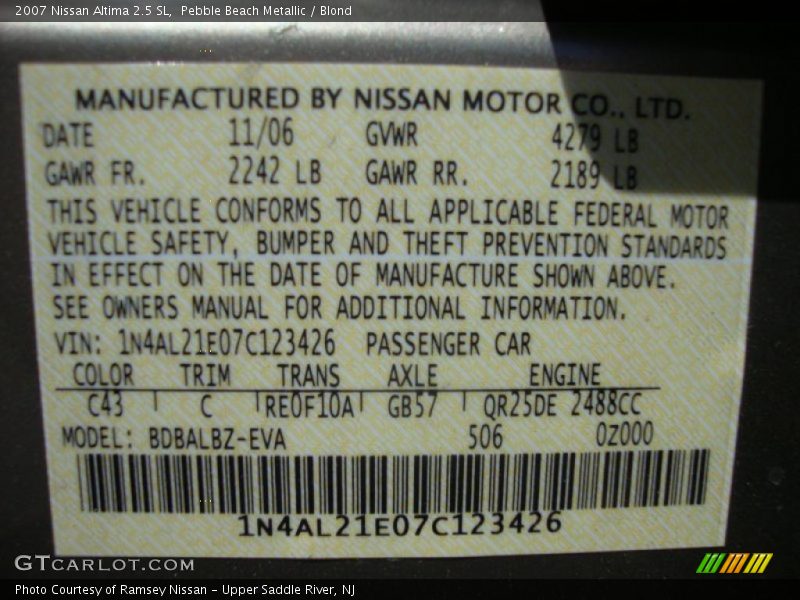 Pebble Beach Metallic / Blond 2007 Nissan Altima 2.5 SL