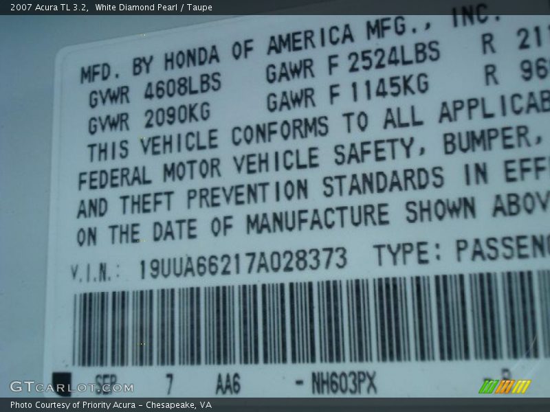 White Diamond Pearl / Taupe 2007 Acura TL 3.2