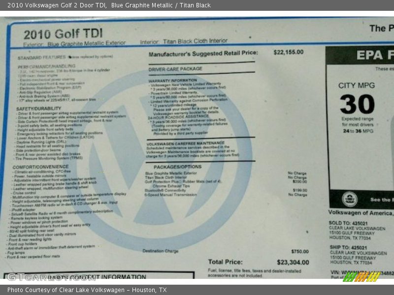 Blue Graphite Metallic / Titan Black 2010 Volkswagen Golf 2 Door TDI