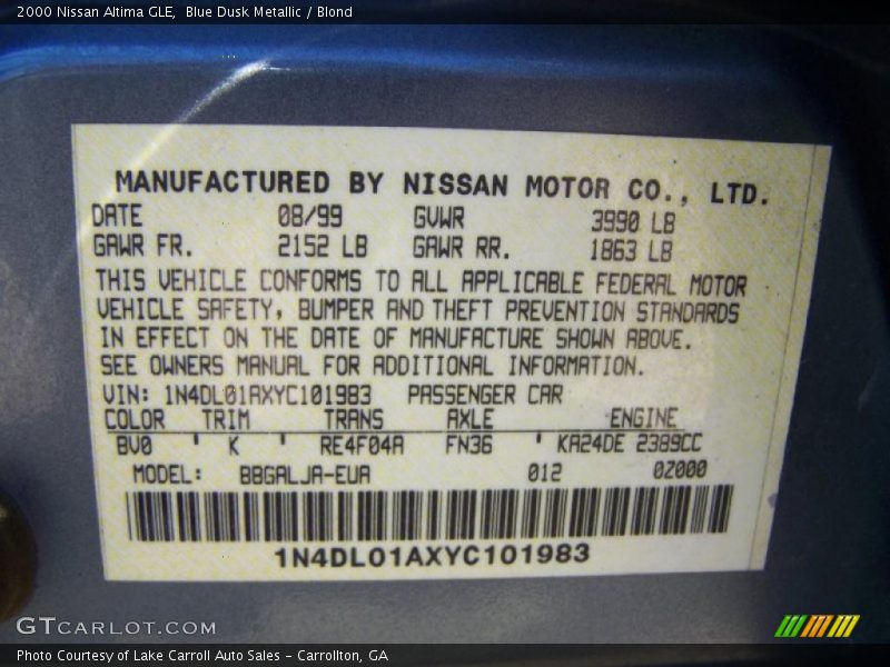 Blue Dusk Metallic / Blond 2000 Nissan Altima GLE