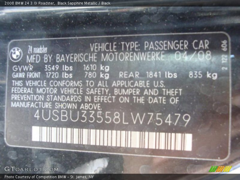 Black Sapphire Metallic / Black 2008 BMW Z4 3.0i Roadster