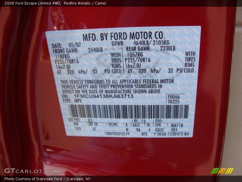 Redfire Metallic / Camel 2008 Ford Escape Limited 4WD