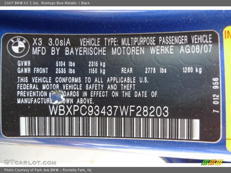 Montego Blue Metallic / Black 2007 BMW X3 3.0si