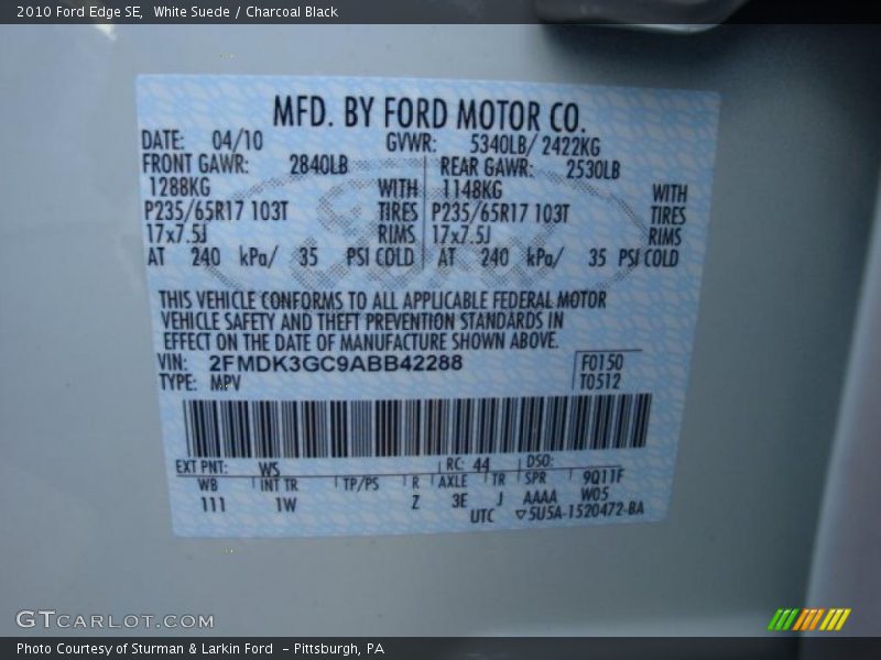 White Suede / Charcoal Black 2010 Ford Edge SE