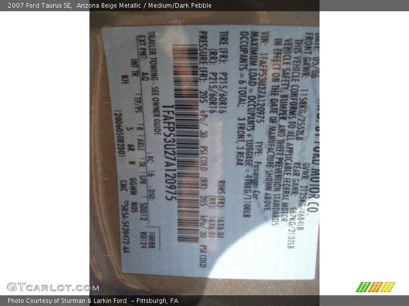 Arizona Beige Metallic / Medium/Dark Pebble 2007 Ford Taurus SE