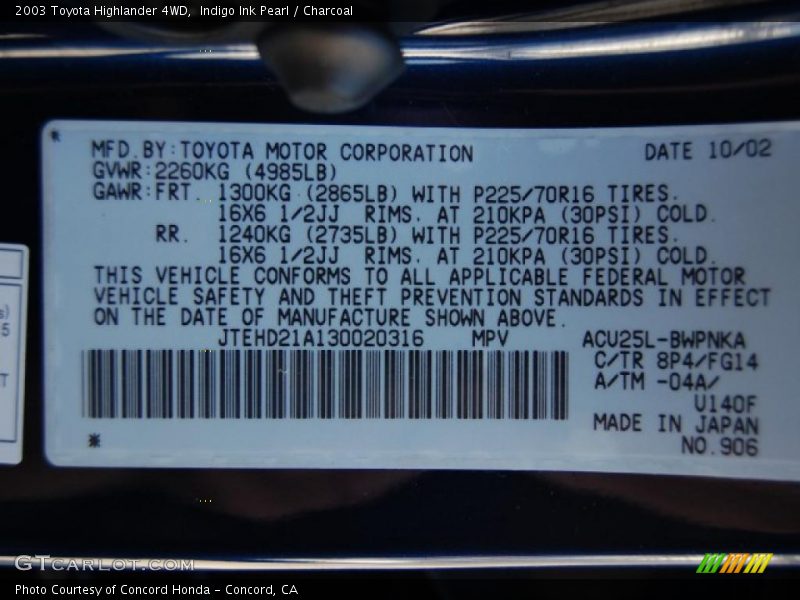 Indigo Ink Pearl / Charcoal 2003 Toyota Highlander 4WD