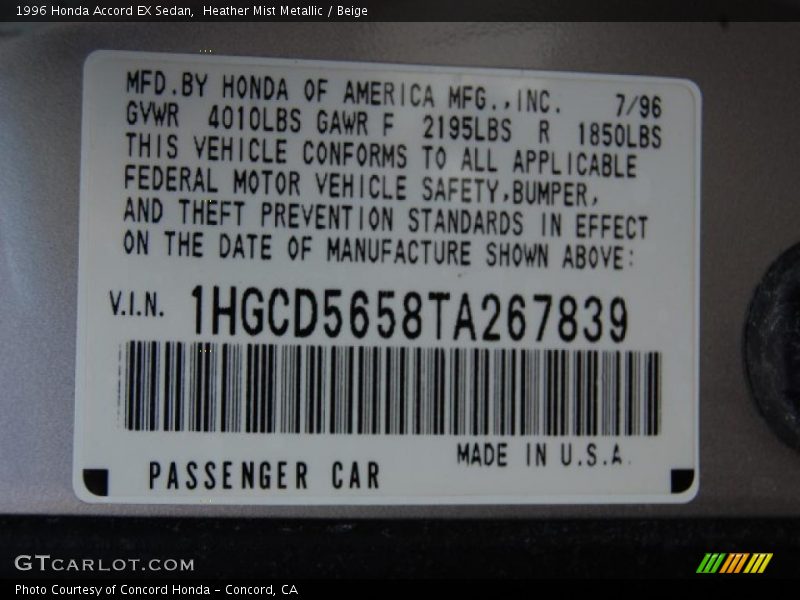 Heather Mist Metallic / Beige 1996 Honda Accord EX Sedan
