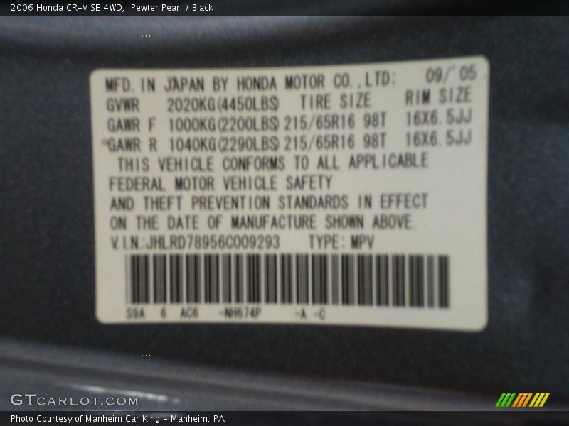 Pewter Pearl / Black 2006 Honda CR-V SE 4WD