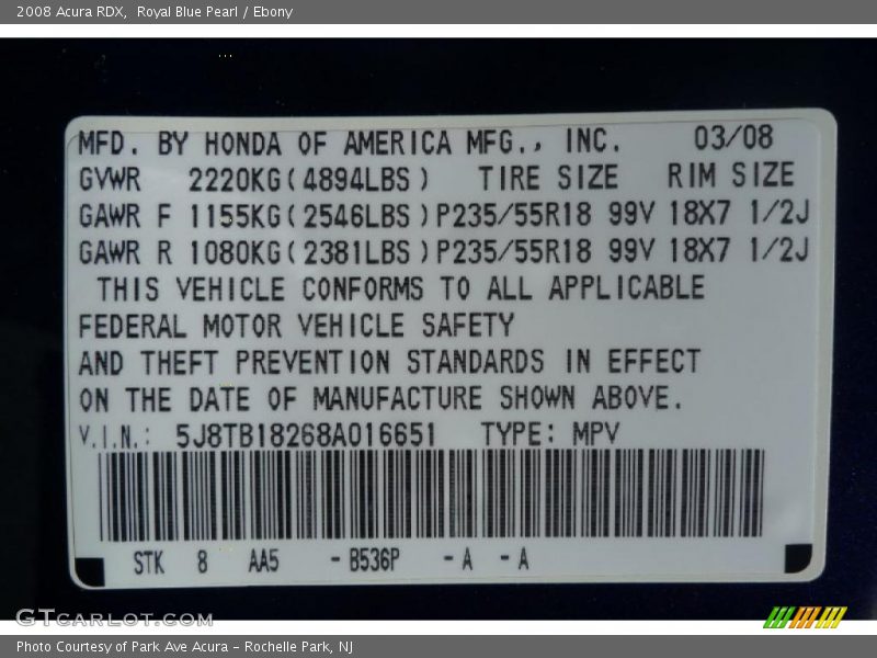 Royal Blue Pearl / Ebony 2008 Acura RDX