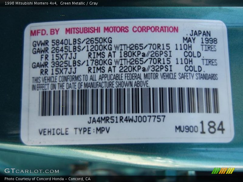 Green Metallic / Gray 1998 Mitsubishi Montero 4x4