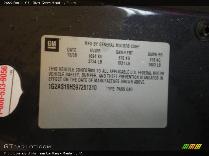 Silver Green Metallic / Ebony 2009 Pontiac G5
