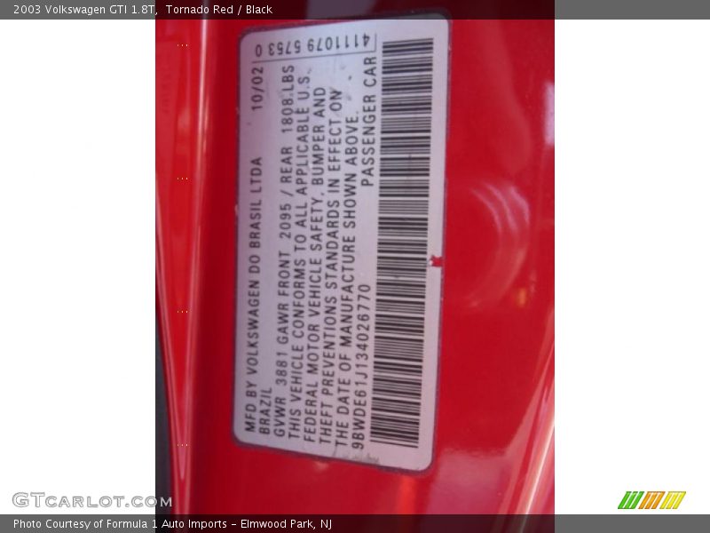 Tornado Red / Black 2003 Volkswagen GTI 1.8T
