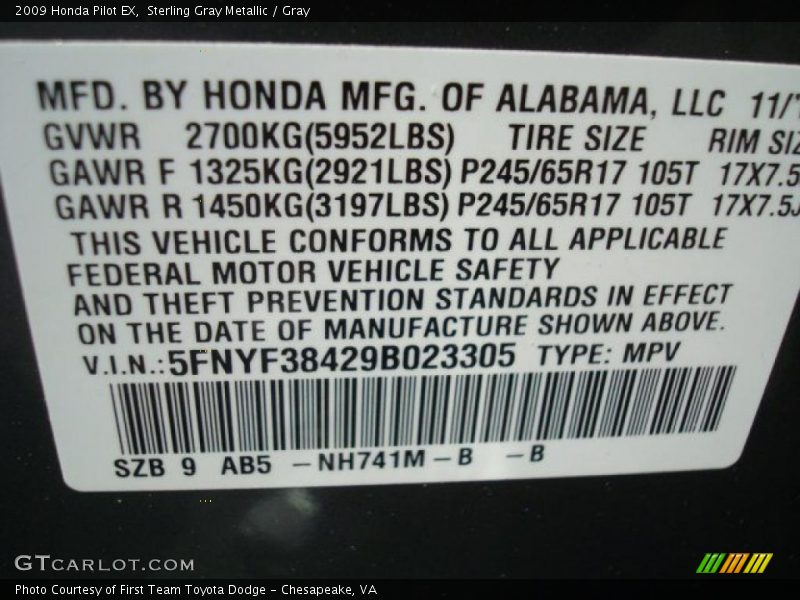 Sterling Gray Metallic / Gray 2009 Honda Pilot EX