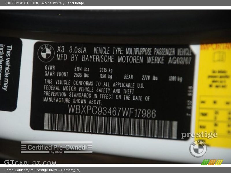 Alpine White / Sand Beige 2007 BMW X3 3.0si