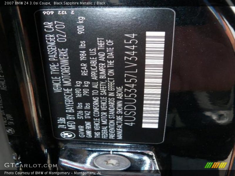 Black Sapphire Metallic / Black 2007 BMW Z4 3.0si Coupe