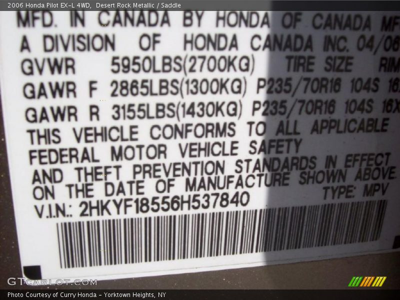 Desert Rock Metallic / Saddle 2006 Honda Pilot EX-L 4WD