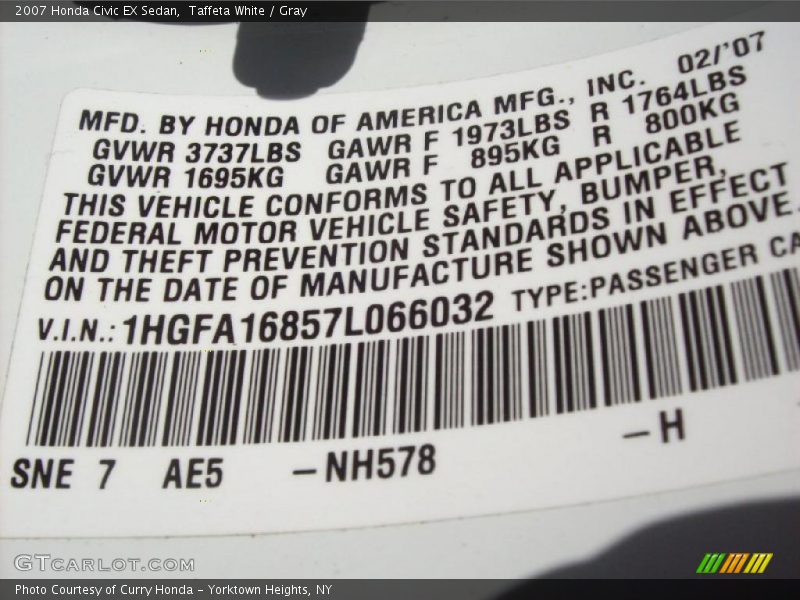 Taffeta White / Gray 2007 Honda Civic EX Sedan