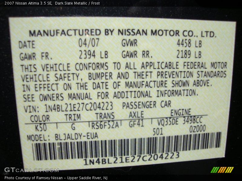 Dark Slate Metallic / Frost 2007 Nissan Altima 3.5 SE