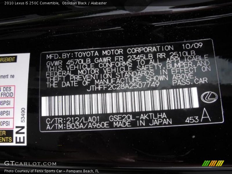 Obsidian Black / Alabaster 2010 Lexus IS 250C Convertible