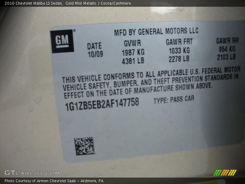 Gold Mist Metallic / Cocoa/Cashmere 2010 Chevrolet Malibu LS Sedan
