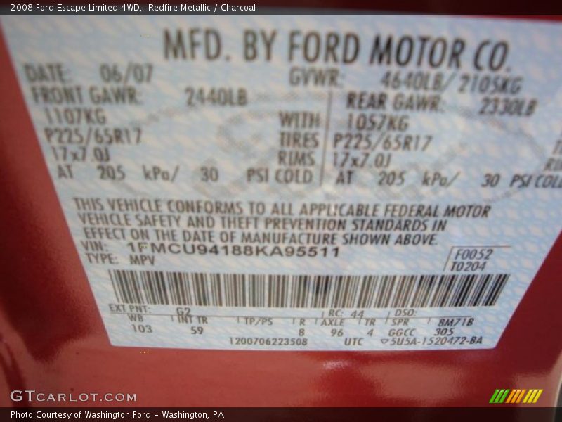 Redfire Metallic / Charcoal 2008 Ford Escape Limited 4WD