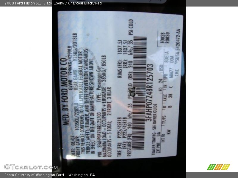 Black Ebony / Charcoal Black/Red 2008 Ford Fusion SE