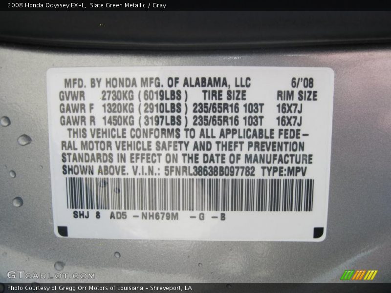 Slate Green Metallic / Gray 2008 Honda Odyssey EX-L