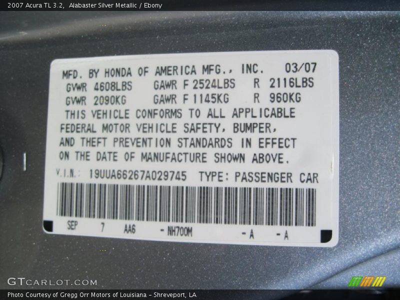 Alabaster Silver Metallic / Ebony 2007 Acura TL 3.2