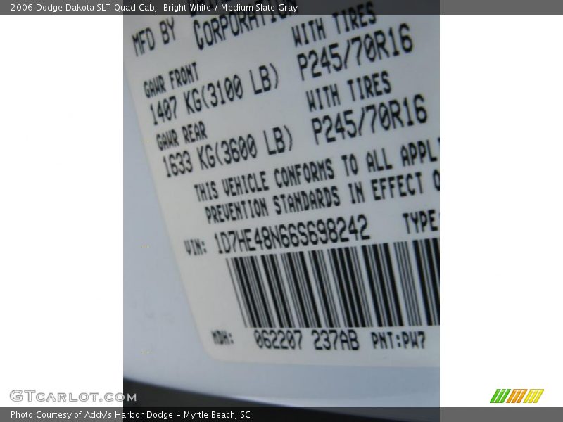 2006 Dakota SLT Quad Cab Bright White Color Code PW7