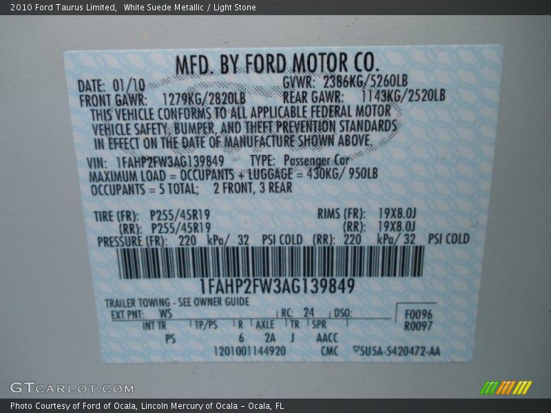 2010 Taurus Limited White Suede Metallic Color Code WS