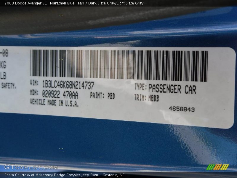Marathon Blue Pearl / Dark Slate Gray/Light Slate Gray 2008 Dodge Avenger SE