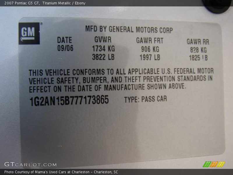 Titanium Metallic / Ebony 2007 Pontiac G5 GT