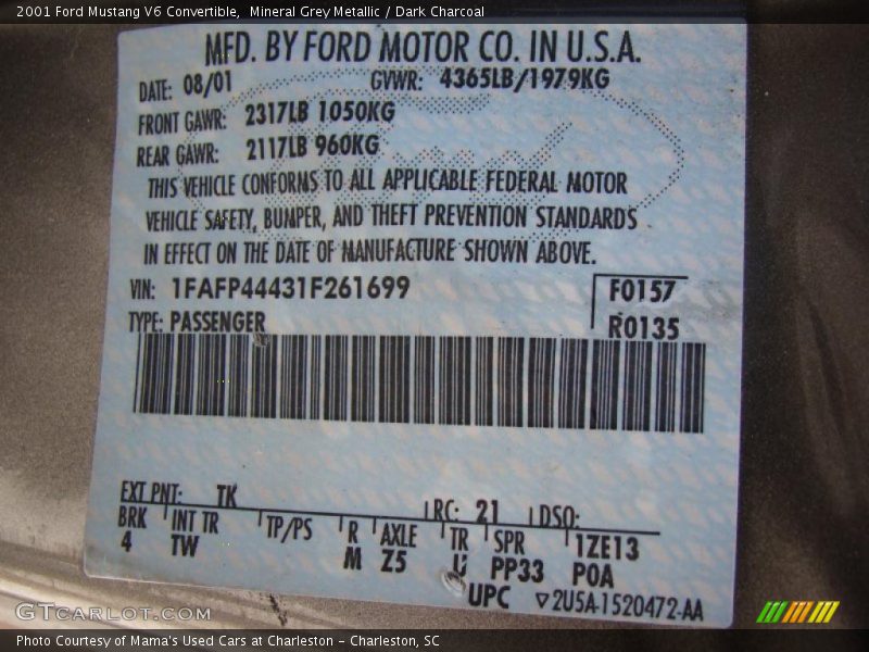 Mineral Grey Metallic / Dark Charcoal 2001 Ford Mustang V6 Convertible