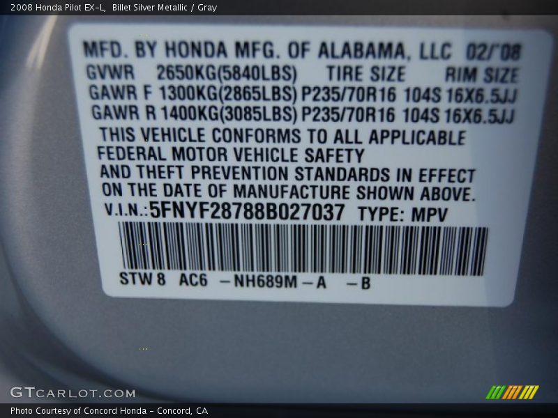 Billet Silver Metallic / Gray 2008 Honda Pilot EX-L