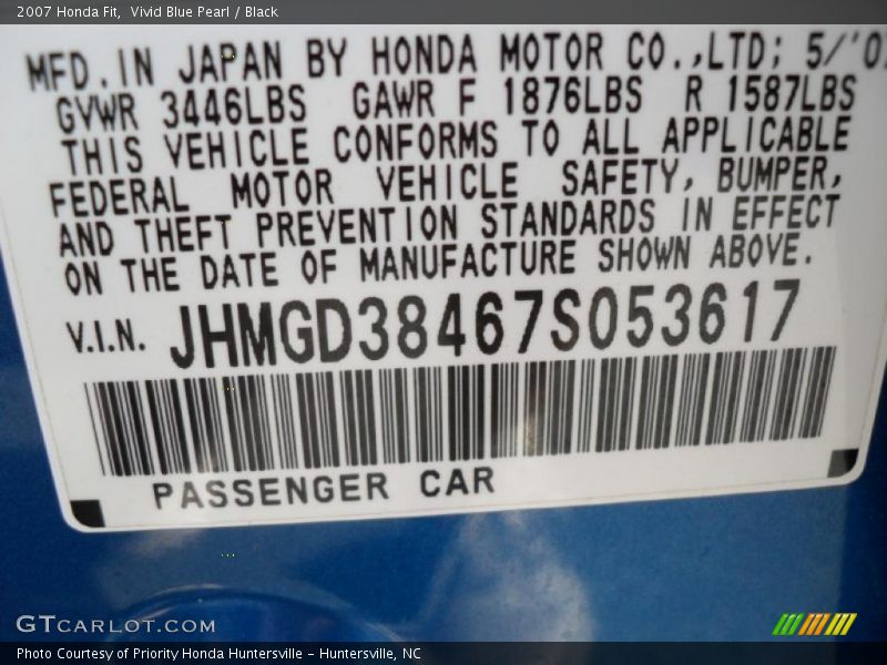 Vivid Blue Pearl / Black 2007 Honda Fit