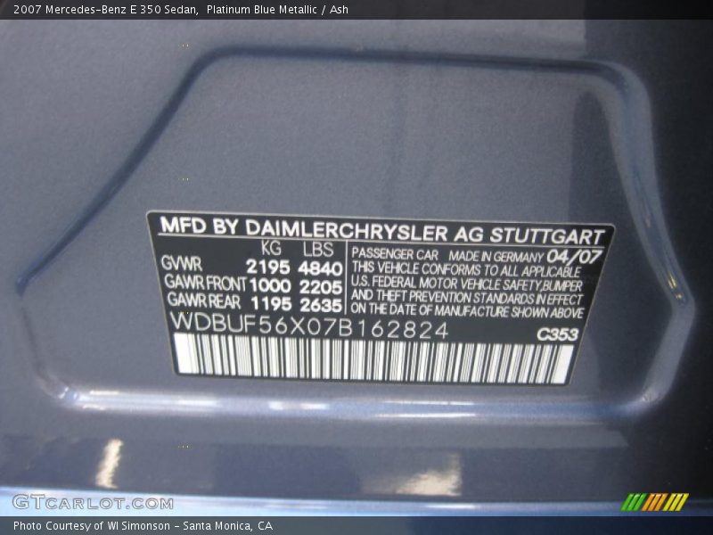 Platinum Blue Metallic / Ash 2007 Mercedes-Benz E 350 Sedan