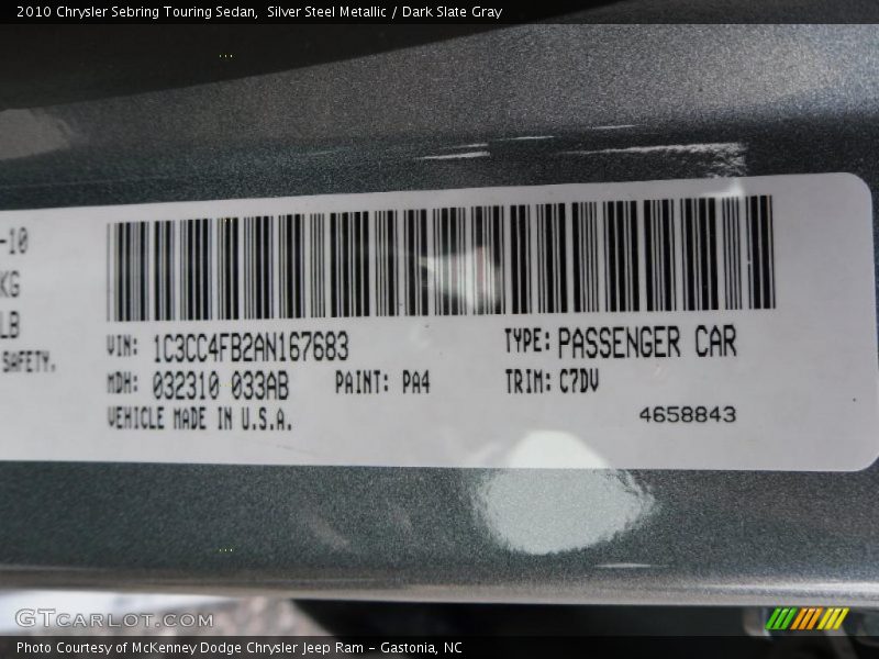 Silver Steel Metallic / Dark Slate Gray 2010 Chrysler Sebring Touring Sedan