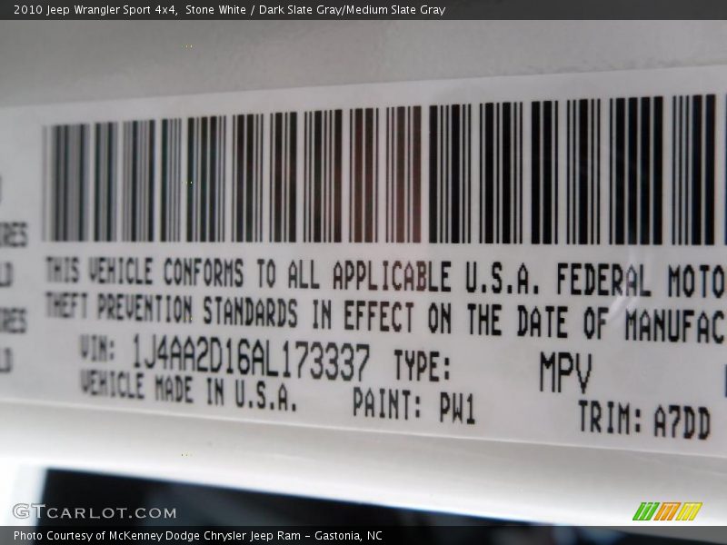 Stone White / Dark Slate Gray/Medium Slate Gray 2010 Jeep Wrangler Sport 4x4