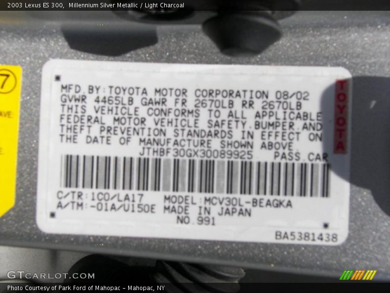 Millennium Silver Metallic / Light Charcoal 2003 Lexus ES 300